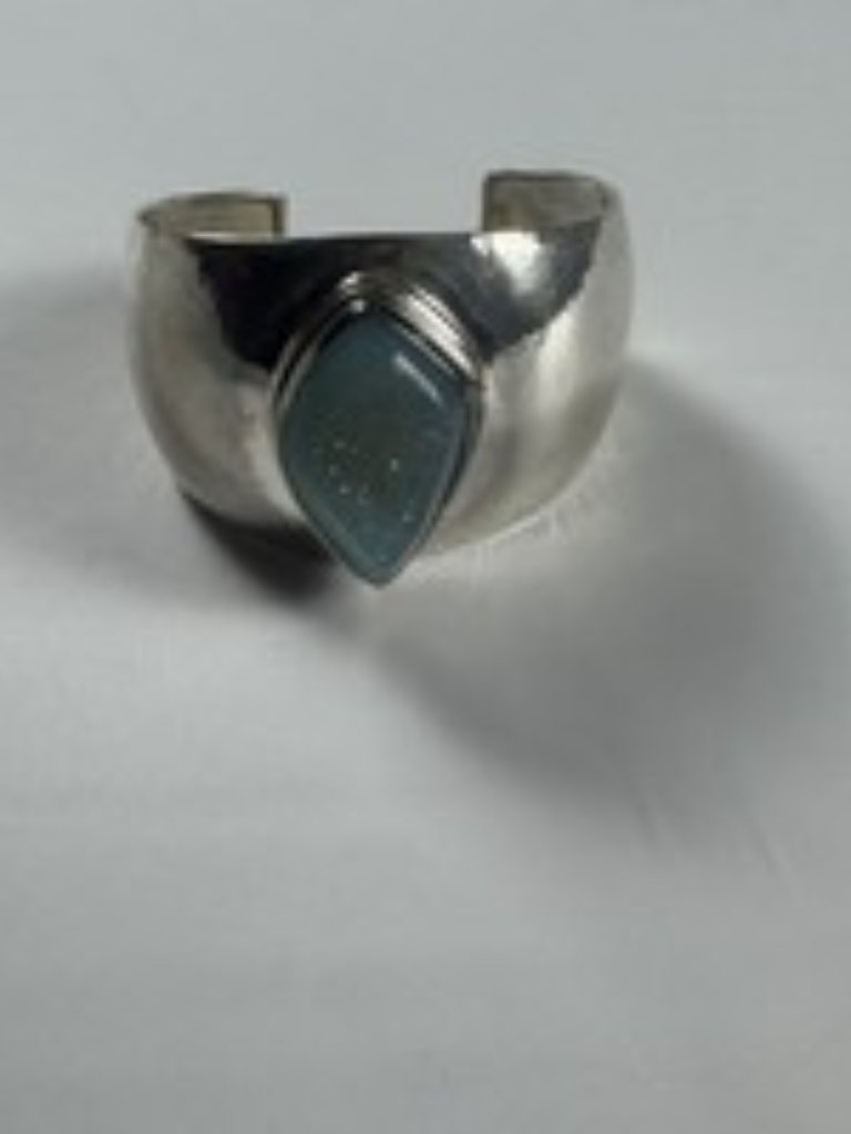 Indonesia 925 Sterling Silver Hammered Cuff Bracelet Blue Chalcedony Druzy Guc